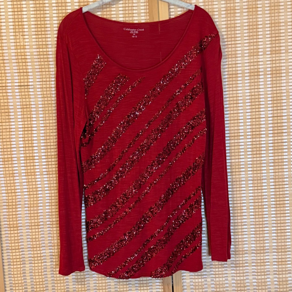 Coldwater Creek Red Sequin Stripe Long Sleeve Top Viscose Scoop Neck M 10-12‎